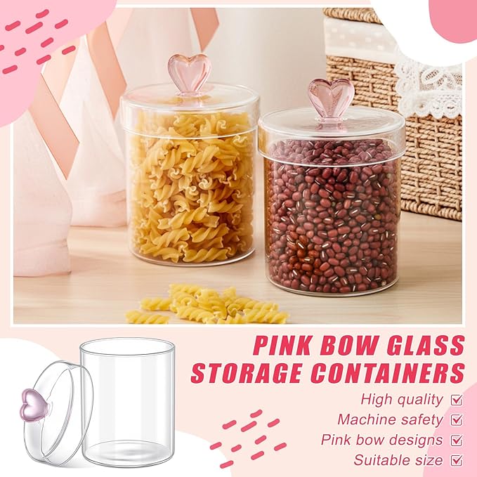Meanplan 2 Pack Glass Cookie Jars Candy Jars with Heart Lids 30 oz Clear Glass Canisters Cute Food Storage Organizers for Overnight Oats,Kitchen Cookies,Coffee Beans,Dry Goods,Tea