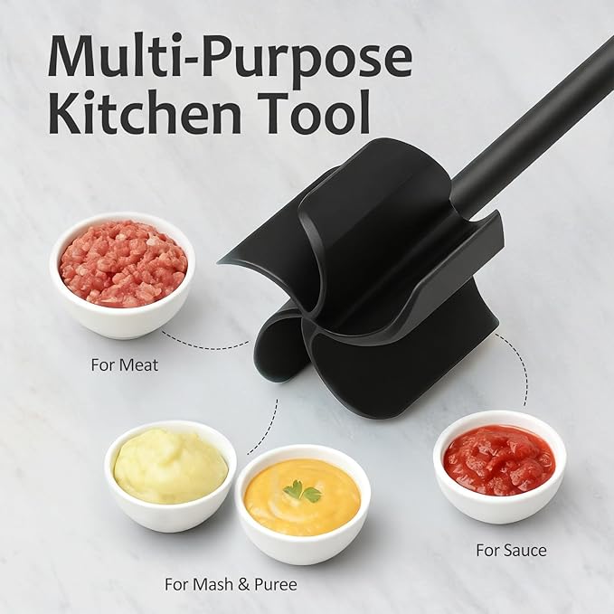 Ourokhome Meat Chopper and Potato Masher, Heat Resistant Nylon Ground Beef Smasher for Hamburger, 5 Curved Blades Nonstick Safe Mixer & Stirrer, Practical Kitchen Gadgets, Navy.