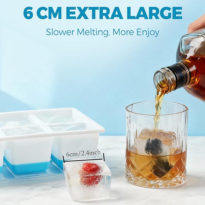 Large Ice Cube Trays 2 Pack, Easy Release 2.4" Big Ice Cubes, Stackable Ice Trays for Freezer, Silicone Cocktail, Whiskey Ice Cubes Mold with Lid, Dishwasher Safe - BPA Free