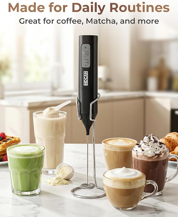INDCAN Rechargeable Milk Frother Handheld, Electric Coffee Frother Wand with Stainless Steel Stand, 3-Speed Foam Maker with 2 Whisks, USB-C Drink Mixer for Latte, Cappuccino, Matcha (Elite, Black)