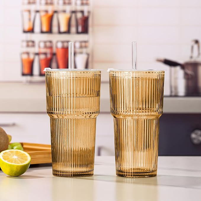 4PCS Amber Ribbed Glass Cups with Lids and Straws, 20oz Vintage Drinking Glasses, Aesthetic Iced Coffee Cups, Glass Tumbler for Boba, Beer, Tea, Cocktails, Ribbed Glassware Set,Amber Brown Glass Cup