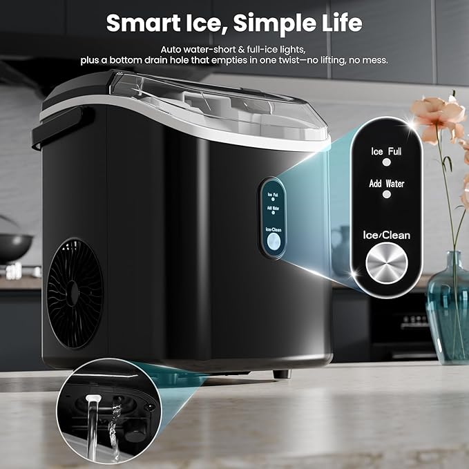 Antarctic Star Nugget Ice Makers Countertop with Self-Cleaning, 35lbs/24Hrs, Portable Crushed Ice Machine with Handle/Basket/Scoop for Home, Kitchen, Office, Camping(Black)