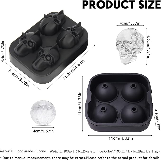 2 Pack Halloween Ice Cube Molds, Halloween Reusable Ice Cube Tray for Freezer, Black Silicone Ice Cube Tray with Lid, 3D Skull & Sphere Ice Cube Molds for Whiskey, Cocktails, Homemade Cold Drinks