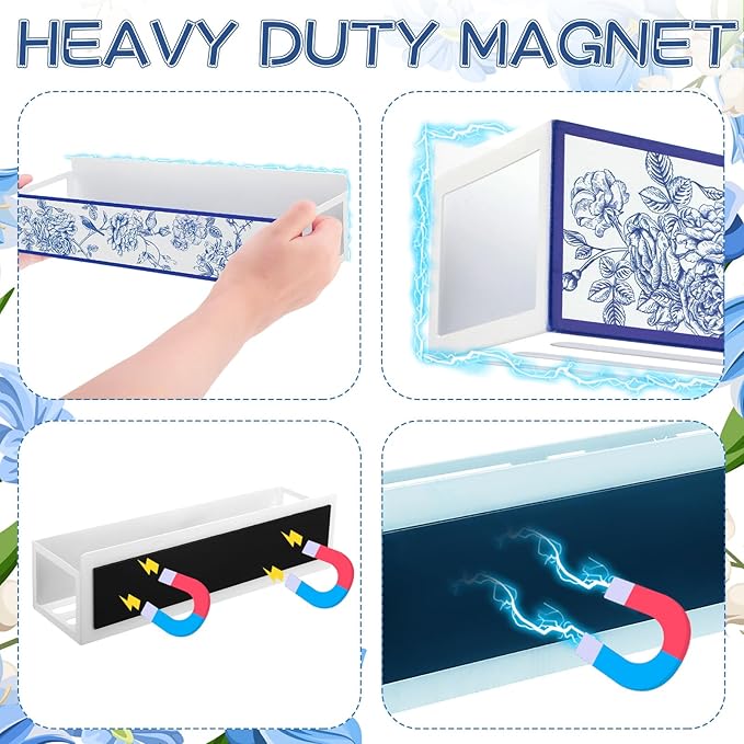 Beeveer 2 Pack Floral and Bird Magnetic Spice Rack for Refrigerator Metal Magnet Basket Shelf for Fridge Seasoning Storage Organizers Home Decor Kitchen Accessories (Blue and White)