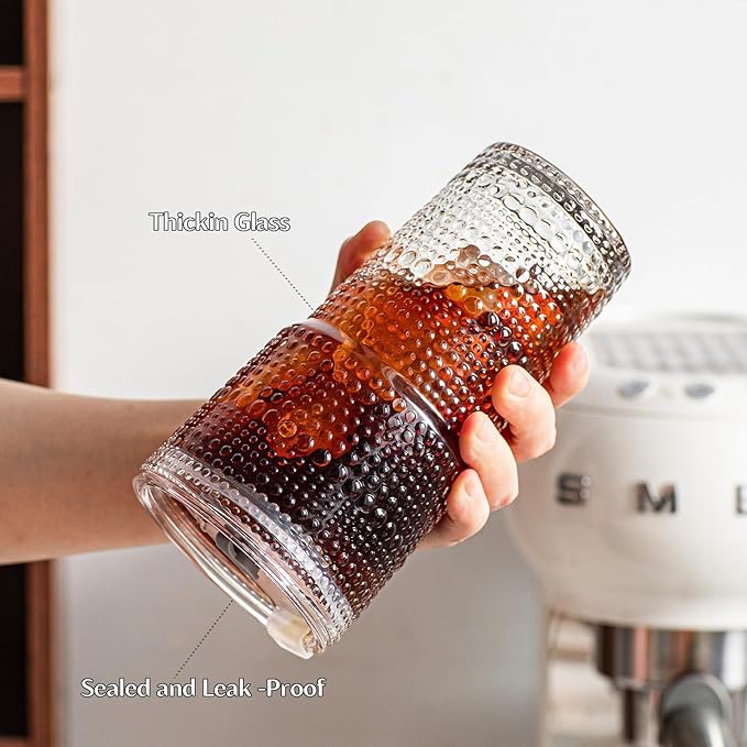 INSETLAN 20oz Hobnail Glass Cups with Lids and Glass Straws – 2 Pieces, Thick-Walled Glass Tumblers for Iced Coffee, Smoothies, Milk, Water, Juice, and More – Elegant and Durable Drinking Glasses