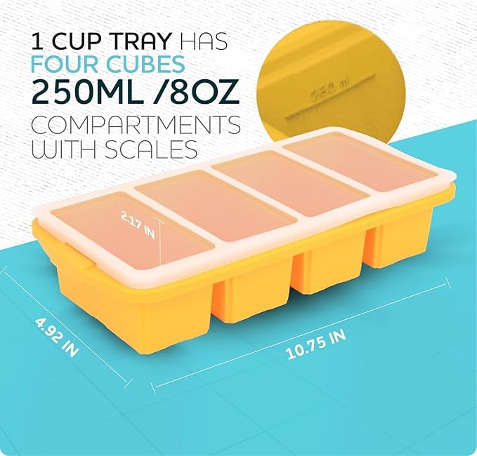 Silicone Freezer Tray With Lid-Soup Freezer Container molds-Large Ice Cube Tray Set Makes 1-Cup & 1/2-Cup portions cubes Perfect for preparing meals in different portion sizes Oven & Dishwasher -Safe