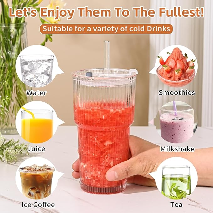 20oz Ribbed Glass Cups with Lids and Straws,4PCS Glass Tumbler with Straw and Lid, Iced Coffee Cups Drinking Glasses for Juice,Smoothies,Cocktail