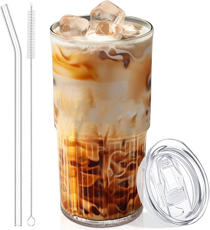 Luiaiog 18.5oz Glass Cups with Lids and Straws – Single Reusable Tumbler, Thickened Shatter-Resistant Glass, Ideal for Iced Coffee, Smoothies, Cocktails, Juices – Elegant & Durable Drinkware