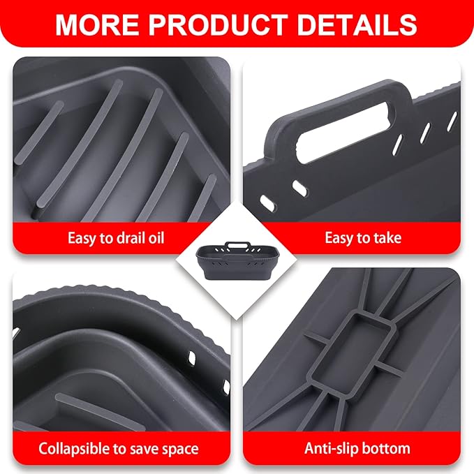 Small Air Fryer Silicone Liners, 7.56 x 5.12 inch Small Rectangle Collapsible Airfryer Liner, Reusable Non-Stick Baking Trays for Ninja DZ201/DZ401/DZ550 Instant Air Fryer, 2 Pack (Grey+Black)