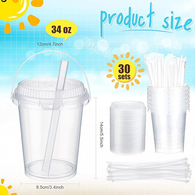 Funnymoom 30 Set 34 oz Clear Drink Buckets with Lids and Straws, Disposable Plastic Rum Cocktail Pails with Handles Large Smoothie Cups for Adult Bachelorette Party Supplies Beach & Catering Events