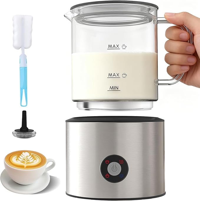 Detachable Milk Frother, 4 in 1 Milk Frother and Steamer, Dishwasher Safe, Glass Frother 16.9oz Warm and Cold Foam Maker, Electric Milk Frother for Coffee, Latte, Hot Chocolate (Silver)