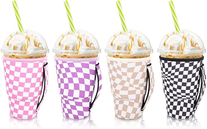 4Pack Reusable Iced Coffee Sleeve Insulator Sleeves for Cold Drinks Beverages, Neoprene Cup Holder for Most Coffee, Fits 30-32oz Large Cups (Checkerboard)