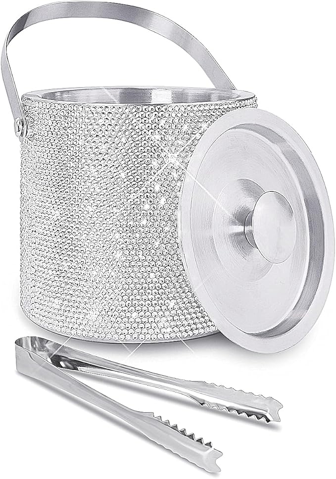 Bling Double Walled Stainless Steel Ice Bucket with Ice Tong & Lid [2 Liter] ，Shiny Insulated Ice Bucket Included Strainer Keeps Ice Cold & Dry, for Home Bar, Chilling Beer, Champagne, Red Wine