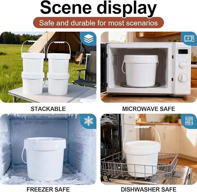 6 Pack 1 Gallon Plastic Buckets with Screw Lids & Handle, Food Grade Storage Containers for Kitchen, Freezer - Reusable White Plastic Bucket Set (White, 6pack 1Gal)