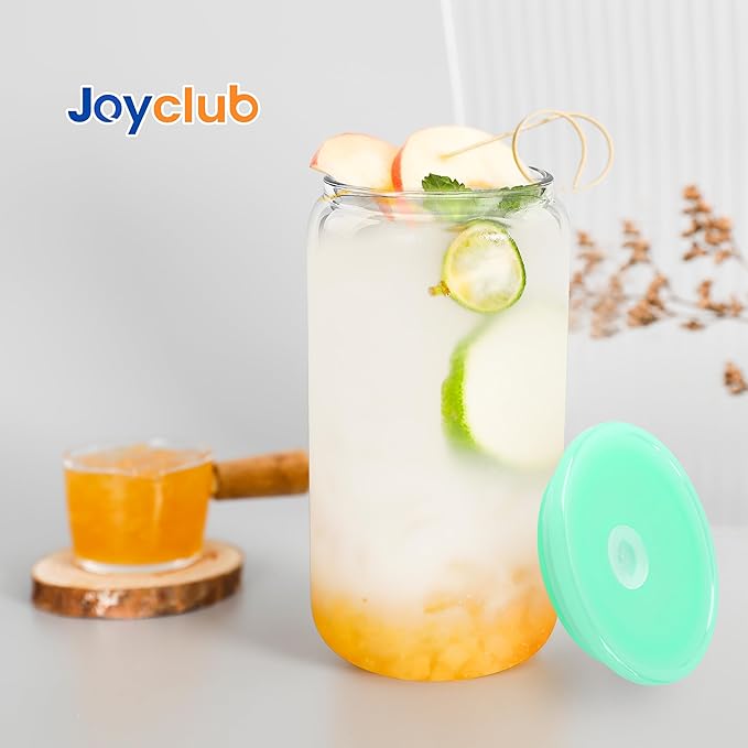 Joyclub 8pcs 16 oz Glass Cups with Acrylic Lids and Straws Can Shaped Iced Coffee Glasses Cute Tumbler Set Drinking Jars for Smoothie Soda Boba Beer Party Housewarming Gifts