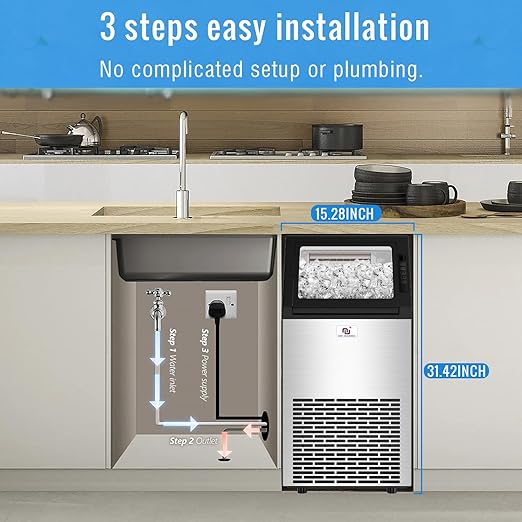 Freestanding Ice Maker Machine - 100 lbs/Day Under-Counter Stainless Steel Ice Maker with 26 lbs Storage, Self-Cleaning, Automatic Inlet Water Line for Clear Ice Cube & Chilled Water for Business
