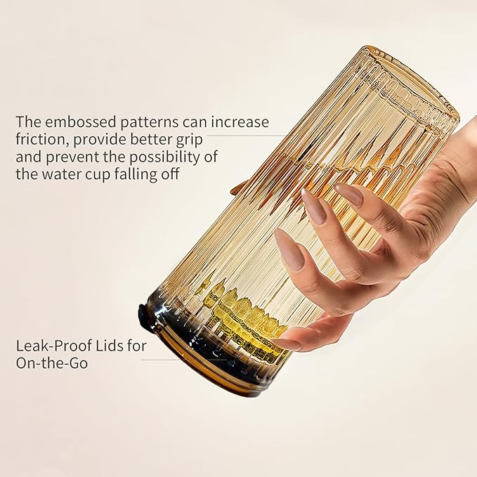 Puraville 2 Pack 18oz Glass Cups with Lids and Straws, Vintage Ribbed Striped Glacier Pattern Thickened Glassware for Whiskey Cocktail Beer, Mason Jar Drinking Glasses Tumbler Iced Coffee Cup, Amber