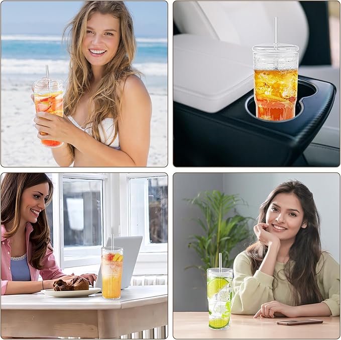 20oz Glass Cups With Glass Lids and Straws, High Borosilicate Iced Coffee Cups, Reusable Glass Tumblers for Coffee, Tea, Juice, Smoothies, Hot/Cold Drinks at Home, Office - 2 Packs