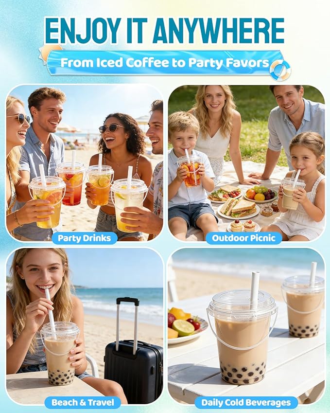 CHONNFEASTT®36PCS Plastic Drink Buckets with Lids and Straws: 700ml/24oz Clear Disposable To Go Iced Coffee Cups Rounded Bottom with Handle for Cocktails, Lemonade, Beach & Pool Party Drink Supplies