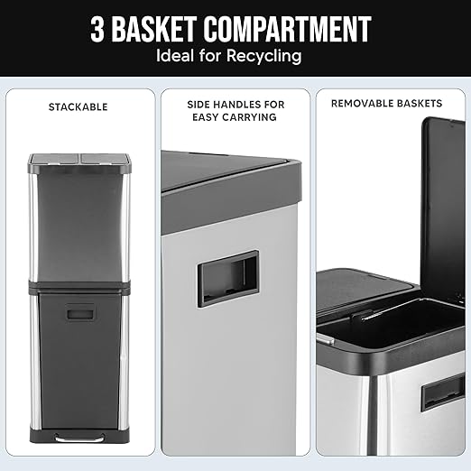 HOLDN’ STORAGE 36L Triple-Compartment Trash & Recycling Bin for Kitchen, Multi-Access Opening, Odor Control, Stainless Steel, 3 Trash Bag Rolls Included