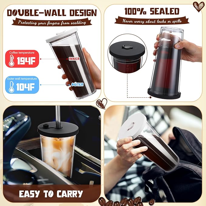 Honeydak 2 Pack 24 oz Reusable Iced Coffee Cups with Lids and Straws Leakproof Double Wall Insulated Clear Plastic Iced Coffee Tumblers with Straw Brushes