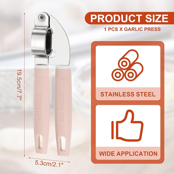 uxcell Garlic Press, 7.7 Inch Stainless Steel Garlic Crusher and Peeler for Home Cooks and Professional Chefs, Pink