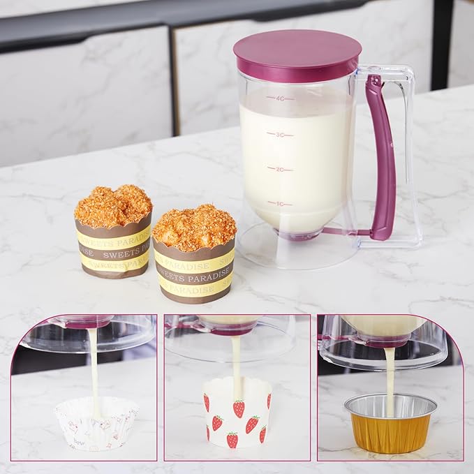 Pancake Batter Dispenser - Essential Kitchen Tool for Flawless Pancakes, Cupcakes, Waffles, Funnel Cake, Muffins, Crepes - Effortless Pour - Convenient Pancake Maker with Measuring Label - 900ml