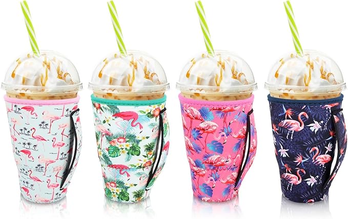 4Pack Reusable Iced Coffee Sleeve Insulator Sleeves for Cold Drinks Beverages, Neoprene Cup Holder for Most Coffee, Fits 30-32oz Large Cups (Flamingo)