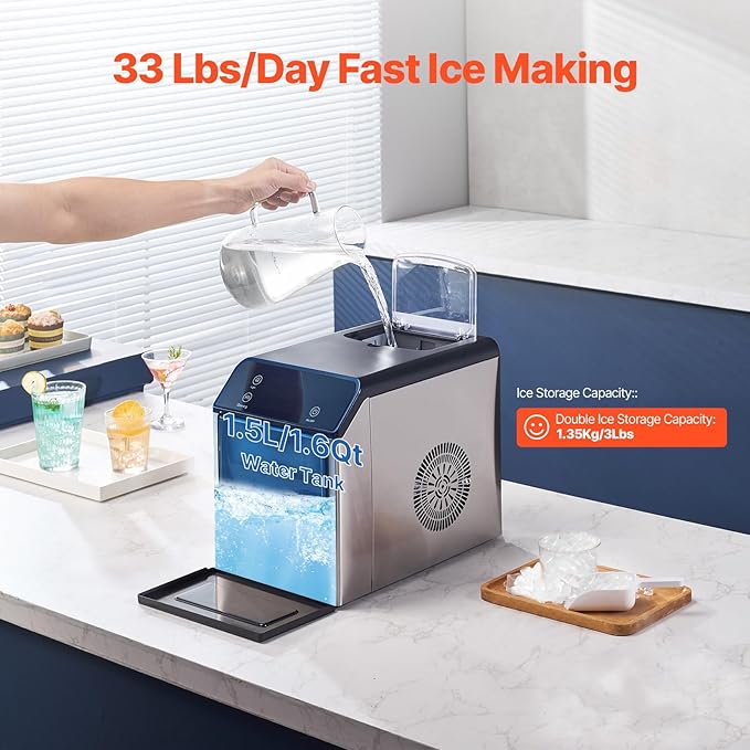VEVOR Nugget Ice Maker - 33lbs Pebble Ice Maker & Self-Cleaning Features for Home or Office