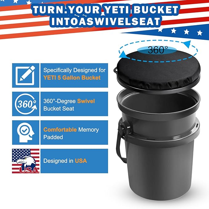 5 Gallon Bucket Seat for Yeti Bucket Only, 360 Degree Swivel Load Out Bucket Seat, 5 Gal Foam Cushion Bucket Lid Seat with Padded Top for Hunting Fishing Camping Outdoor