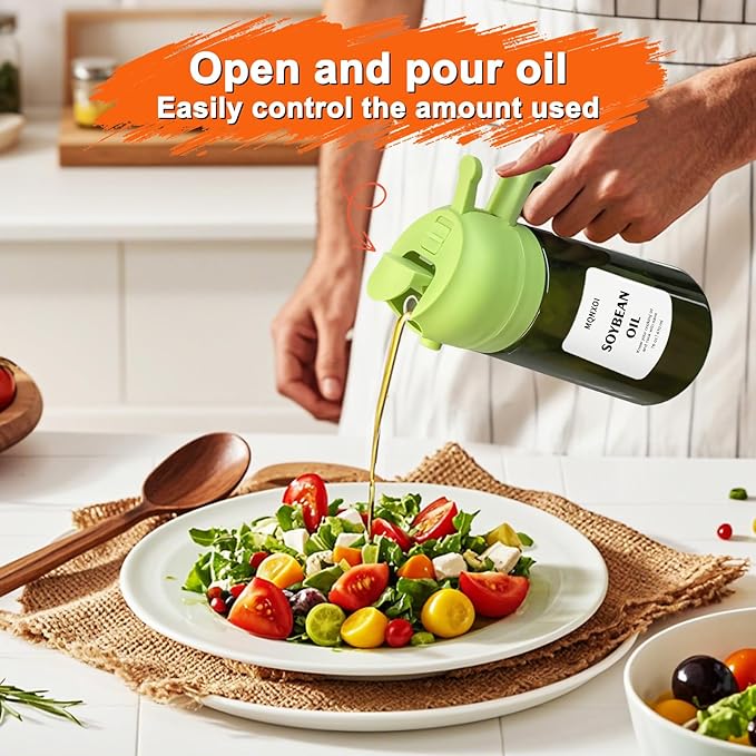 mqnxoi Oil Sprayer for Cooking, 2 in 1 Olive Oil Dispenser Bottle for Kitchen, 16oz/470ml Premium Glass, Food-grade Oil Mister for Air Fryer, Salad, Frying, BBQ (Green + Dark Green Bottle)