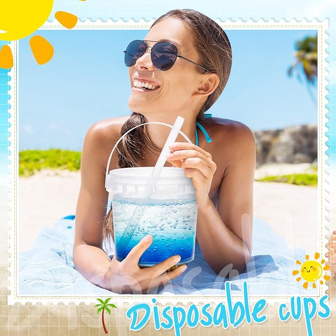 Funnymoom 50 Set 51oz Clear Plastic Drink Buckets with Lids and Straws Disposable Iced Coffee Cups Rum Buckets for Cocktail Parties Smoothie Cup Bulk with Handles for Beach Pool Party Supplies