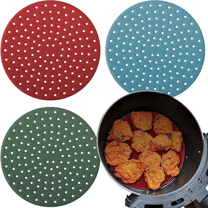 Reusable Round Silicone Air Fryer Liners (8 Inch, 3 Pack) by Linda’s Essentials - Non-Stick, Easy-Clean Accessories with Cheat Sheet & Recipe Book, Perfect for Quick Meals