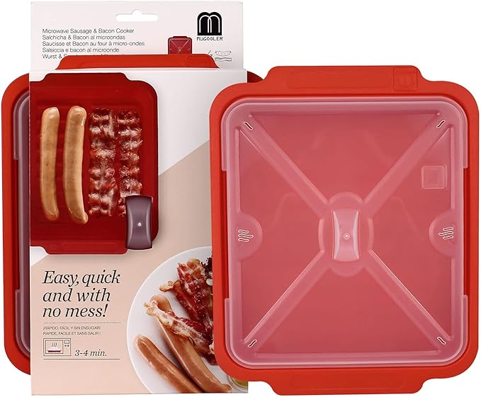 MMUGOOLER Microwave Easy Bacon Maker/Cooker with Lid, Safety, Quick and with No Mess, 11.3“ L x 9.0" W x 2.4" H- Red