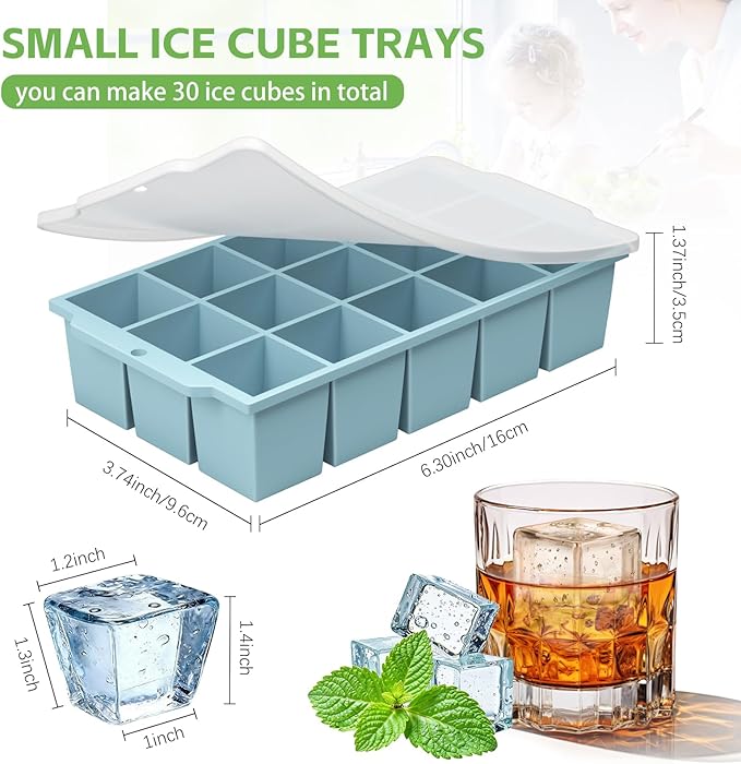 Silicone Ice Cube Tray with Locks Lids, Easy Release Flexible 15 Square Ice Trays for Freezer, Stackable & Reusable Ice Cube Mold for Whiskey, Cocktails, Baby Food, BPA Free, 2 Pack (Blue)
