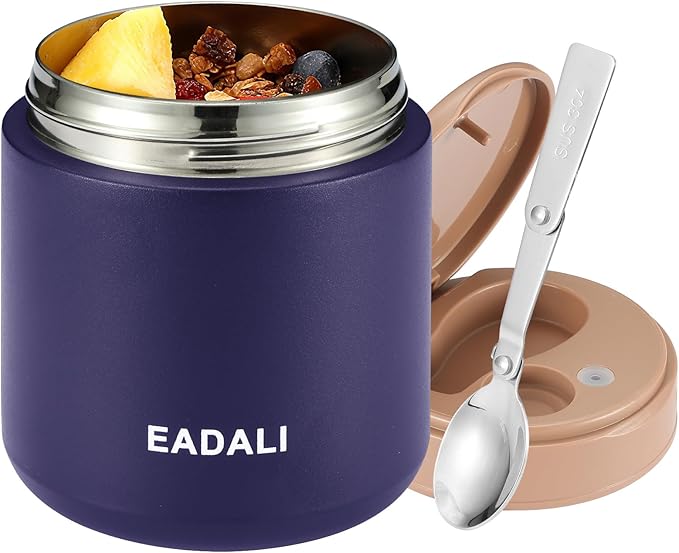 Eadali 15.2oz Kids Food Jar for Hot Food – Vacuum Insulated Lunch Container with 316 Stainless Steel Interior, Leakproof Wide Mouth & Foldable Spoon for School Meals