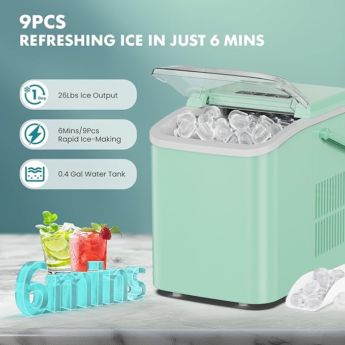 OLIXIS Ice Maker Machine with Handle,26lbs in 24Hrs,9 Ice Cubes in 6 Mins,Auto-Cleaning Portable Ice Maker with Basket and Scoop, Countertop Ice Maker for Home/Kitchen/Camping/RV, Bright Green