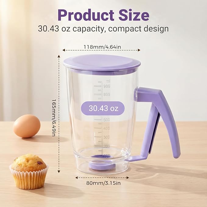 2-Pack Pancake Batter Dispenser Bottle, Squeeze Handle for Controlled Pour, Measurement Markings for Pancakes, Waffles, Brownies, Cup Cakes, Muffins & Crepes, Rinse-Wash Kitchen Tool