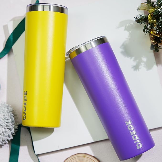 BJPKPK 20 oz Skinny Tumbler with Lid 2 Pack Slim Insulated Travel Coffee Cup Stainless Steel Thermal Mug,Purple,Goldenrod