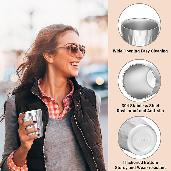 Stainless Cups, 10 oz Insulated Tumbler, 4 Pack Double Wall Unbreakable Stackable Water Tumblers Insulated Metal Cup Premium Drinking Glasses for Travel Camping Home Outdoor