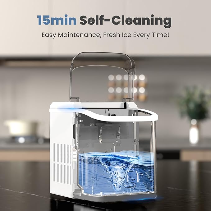 Dumos Nugget Ice Makers,Portable Ice Machine Countertop Ready in 6 Mins, 1.55L Water Tank, Self-Cleaning, for Office, Party, RV, Home, White
