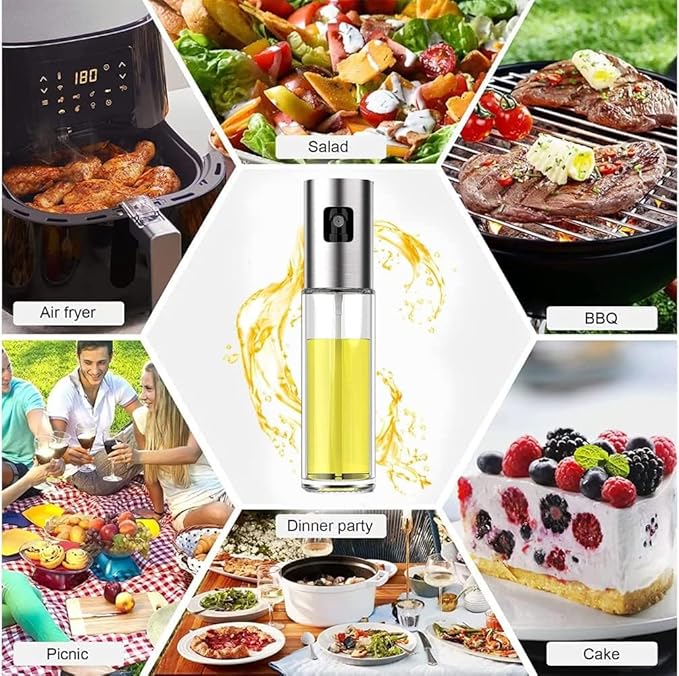 Glass Oil Sprayer Bottle for Cooking, Refillable Fine Mist Sprayer for Air Fryer, BBQ, Salad Spray, Leak Proof Kitchen Oil Dispenser with Dishwasher Safe Design (Silver)