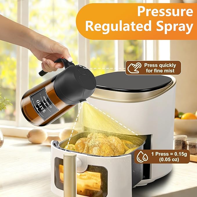 OURCABECUE 2 in 1 Olive Oil Sprayer for Cooking, 16oz Olive Oil Dispenser Bottle for Kitchen, Light-Blocking Dark Glass Oil Bottle, Food-Grade Oil Mister with 8 Oil Stickers (Amber Bottle-Black Cap)
