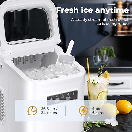 Ice Maker Countertop, Portable Self-Cleaning Ice Machine with Ice Scoop and Basket,9 Cubes in 6 Mins, 26.5lbs/24h,2 Sizes of Bullet Ice Cube for Home Kitchen Office Bar Party(White)