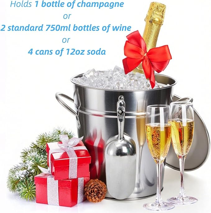 YOUEON 4 Liter Ice Bucket with Scoop and Lid, Double Walled Insulated Ice Bucket for Parties, Cocktail Bar, Wine Chiller, Beverage Tub with Carry Handles, Indoor & Outdoor Use, Silver