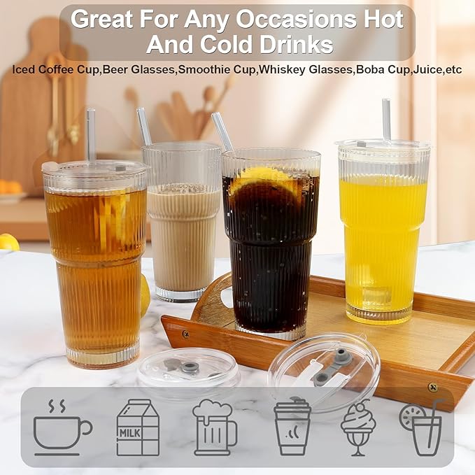 Ribbed Drinking Glasses ,with Lids and Glass Straws Glass Cup,19oz Glass cup,6 Pack Old Fashioned Glasses,Thickened glass for iced coffees,cocktails and juices, perfect for families and parties (2)