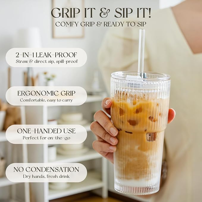KEMORELA 2-Pack 20 oz Ribbed Glass Tumblers with Lids and Glass Straws – Vintage Iced Coffee Cups, Reusable Smoothie & Cocktail Drinking Glasses, Clear Glassware for Home or Cafe