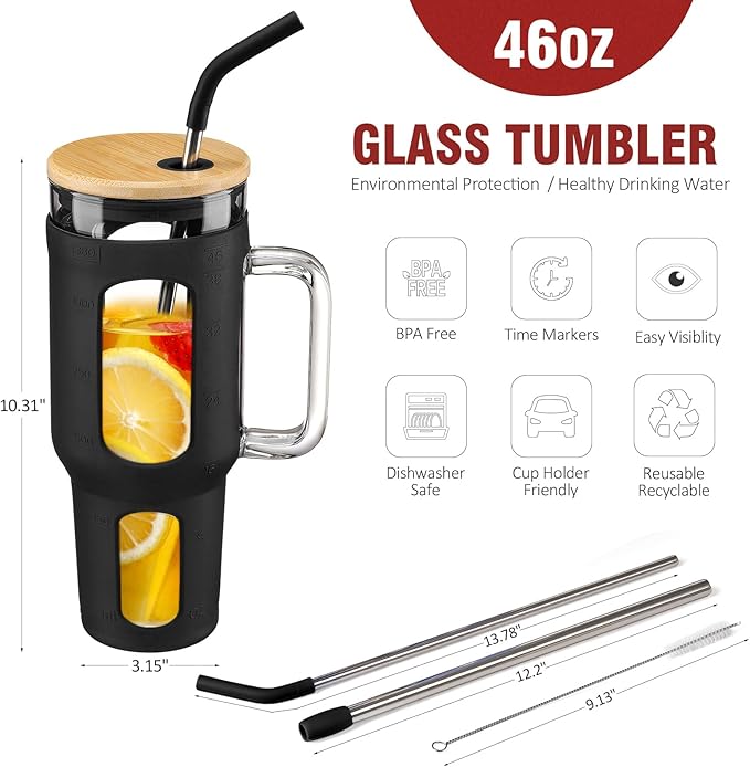 WINSA Glass Tumbler with Lid and Straw, 46 oz Iced Coffee Cup with Handle, Large Water Bottles with Silicone Sleeve, Glass Cup with Straws - Pearl Straw & Drinking Straw BPA Free-Black
