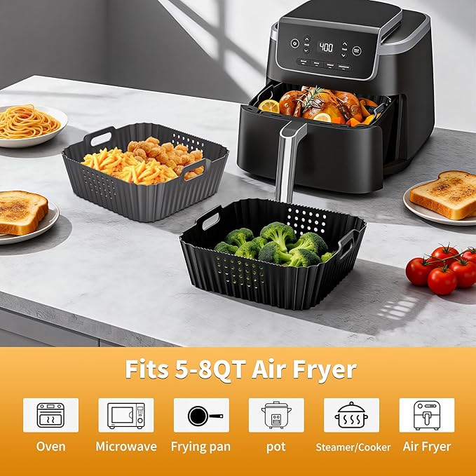 HOMELYLIFE Air Fryer Silicone Liners for Ninja AF141 AF142 5QT & AF181 6.5 QT AirFryer, Air Fryer Accessories for Cosori 5QT/6QT, 2 Pcs Reusable Square Liners for Instant 6Qt &Other 5-8QT AirFryer