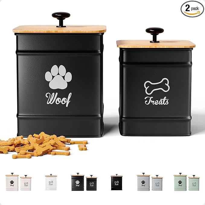Dog Treat Container Airtight Set of 2 - 8x6 & 7x5 inch Iron Dog Treat Jars for Kitchen Counter with Airtight Bamboo Lids - 20 Cup Capacity Pet Treat Container Set - Doggie Cookie Jar - Treats Canister